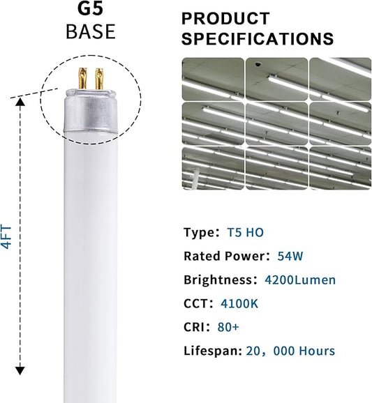F54T5/841/HO Fluorescent Light Bulb, 46 Inch, T5 54 Watt Replacement Tube, 4100K Cool White, 4200 Lumens, High Output, G5 Bi-Pin Base, 4FT T5 Grow Light Bulbs - 5 Pack