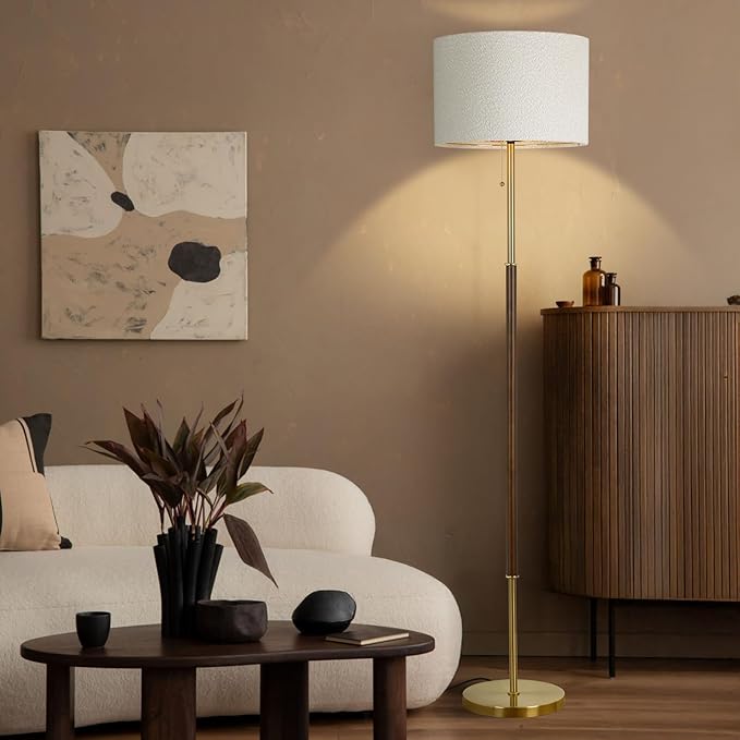Wood Floor Lamp for Living Room Gold Traditional Farmhouse Floor Lamps Mid-Century Pole Lamp with Linen Lamp Shade, Standing Tall Floor Lamps for Bedrooms and Office (Gold)
