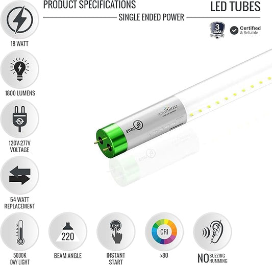 LEDMyplace 18W T8 4ft LED Glass Tube Light, Clear Lens, 5000K Daylight White, G13 Base, Single Ended Power, 1800 Lumens, Replacement of 50W for Garage, Supermarkets Shop, Pack of 30