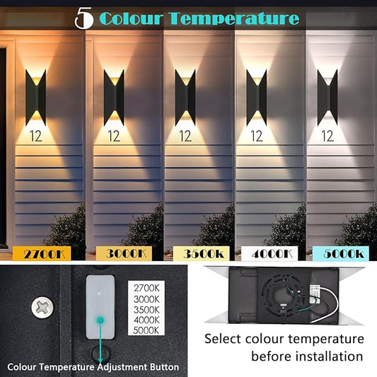 LED Up and Down Lights Outdoor Wall Lights, 5-Color Temperature Waterproof Modern Exterior Lighting Fixtures, 14 Inch Aluminum Outdoor Wall Sconce, 2 Pack Dimmable Front Porch Light