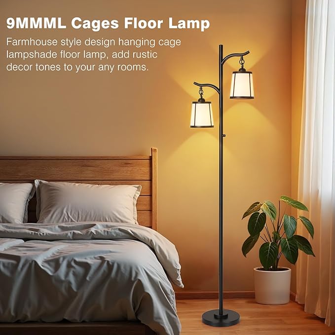 9MMML Farmhouse Floor Lamp for Living Room, 67'' Tall Floor Lamp with 2 Hanging Smooth Faux Leather Lamp Shade, Vintage Black Dimmable Standing Lamp for Bedroom, 2 x 800LM LED Bulbs Included
