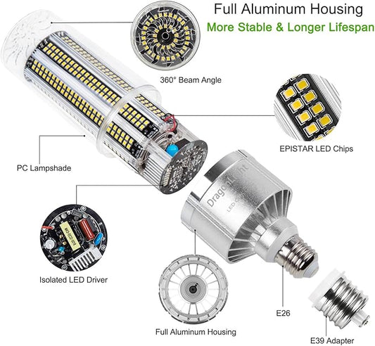 DragonLight 120W Commercial Grade Corn LED Light Bulb(400 Watt Metal Halide/HID/HPS Replacement) E26/E39 Large Mogul Base LED Lamp 6000K Daylight 14,400 LM for High Bay Area Lighting