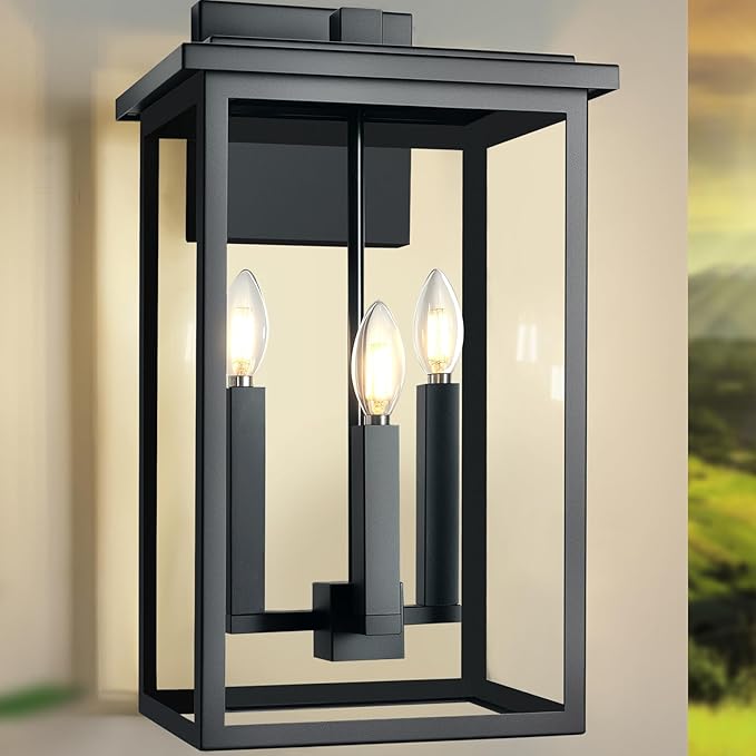 Modern Outdoor Wall Lights,Large Exterior Wall Sconce,Black Porch Light Fixture,Outdoor House Lights Wall Mount,Waterproof Outside Light For Garage Front Door With Thick Clear Glass E12 1 Pack