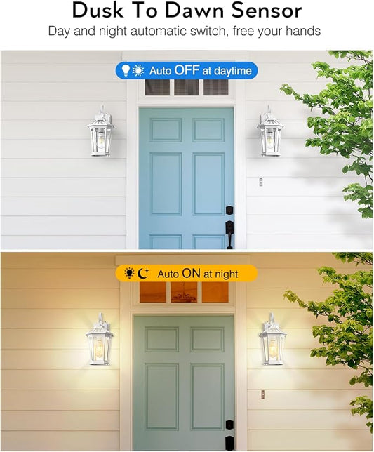 VIANIS Outdoor Porch Lights - Dusk to Dawn Exterior Wall Lights, 100% Anti-Rust Aluminum Waterproof, White Sconce Lanterns for Garage