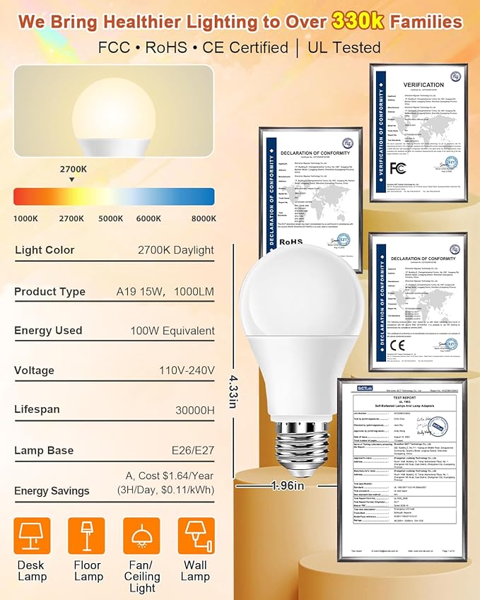 Neporal Full Spectrum Light Bulb 15W LED=100W, 2700K Flicker-Free Warm Light Bulbs, UV-Free & High CRI & Eye-Caring Sunlight Light Bulbs for Human, Home, Office, Plant, E26/E27, 30000H Lifespan, 3PK