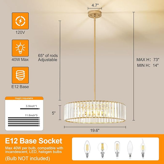 Modern Gold Semi Flush Mount Ceiling Light, Crystal Dining Room Chandelier Light Fixture, 6-Light Drum Lighting Fixtures for Foyer Kitchen Living Room Bedroom (19.6 inch)