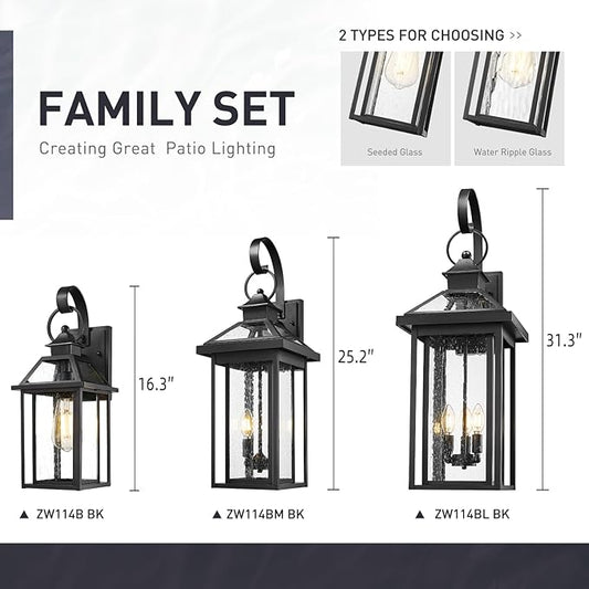 zeyu Outdoor Wall Mount Light Sconce, 16.3 Inch Farmhouse Exterior Wall Light for Garage in Black Finish, Die-Cast Aluminum with Seeded Glass Shade, ZW114B BK