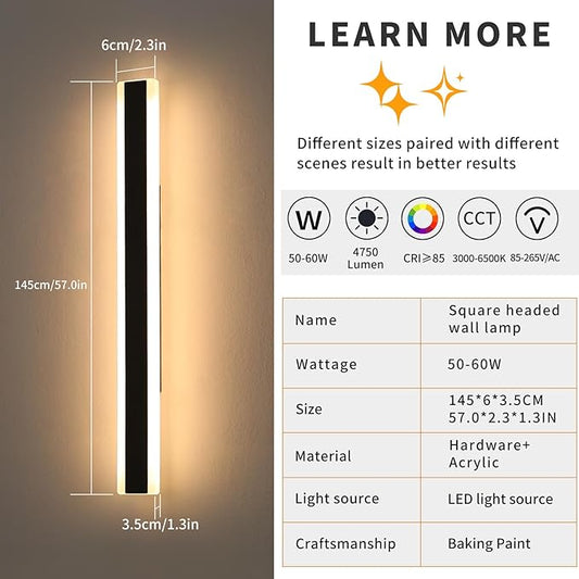 Modern 57inch Outdoor Wall Light, 3000k/4500k/6000k 3 Color Change Black Exterior Light Fixtures Wall Mount, Ip65 Waterproof Modern Porch Lights, Long Linear Outside Lighting Hard-Wired Non-Dimmable