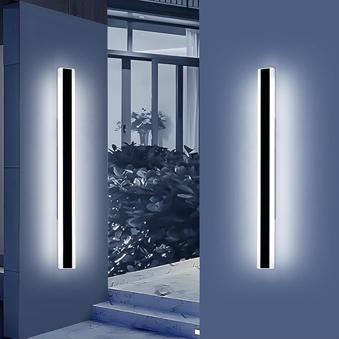 2 Pack Long Outdoor Wall Light Fixture, 47.2inch Porch Modern Wall Lighting, 6000K Cold White, IP65 Waterproof, White Acrylic, 42W, Black Strip Exterior Sconce for House, Garage, Garden, Fence
