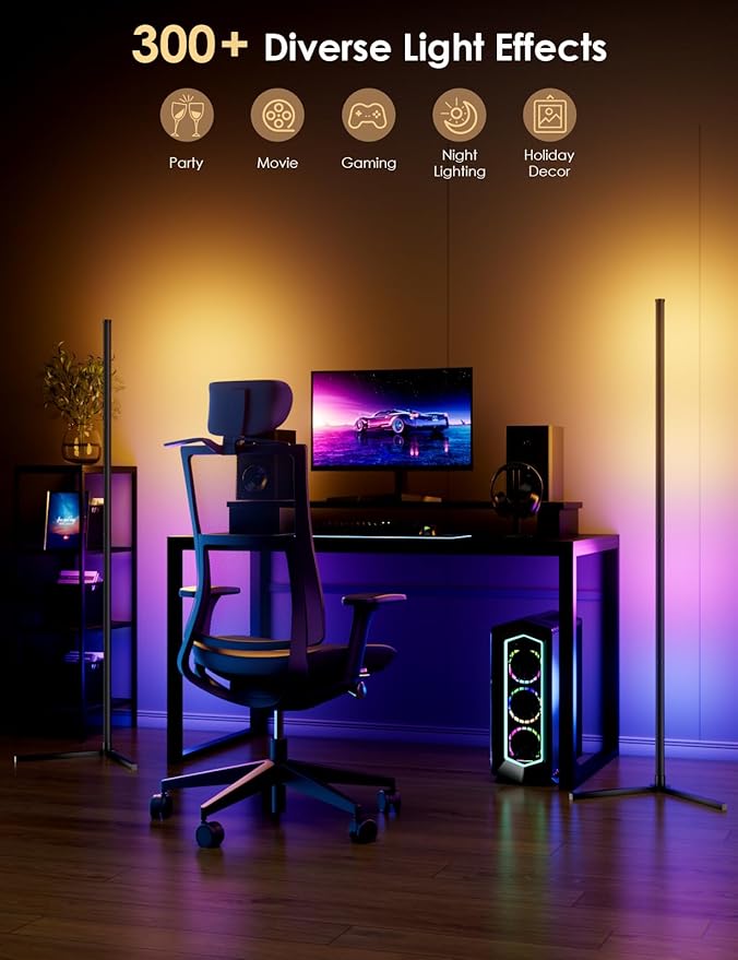 2PCS RGB Corner Floor Lamp, 64.5" RGB Color Changing Led Floor Lamp for Living Room APP and Remote Modern Light Bar with Music Sync and 16 Million Colors Dimmable Ambient Lighting for Bedroom