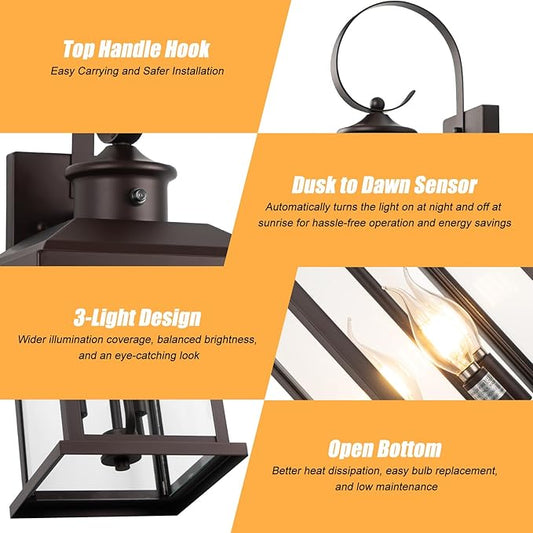 2Pack Dusk to Dawn Outdoor Wall Light Fixture, 24in Bronze Large 3-Light Modern Porch Lantern, Waterproof Exterior Lighting Sconce Wall Mount, Outside Lamp for House Garage Patio E12 Base