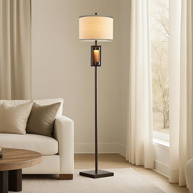 RORIANO 63'' Rustic Floor Lamp for Living Room with 2 Light Sources, Farmhouse Tall Standing Lamp with Amber NightLight, Vintage Lamp for Bedroom Reading Room Office, Bulbs Included (Brown)