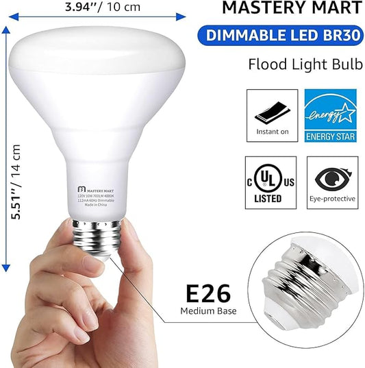 24 Pack BR30 LED Bulbs, 65W Equivalent, 10W, 4000K Neutral White, 700 Lumens, Flicker-Free, Dimmable Recessed Can Flood Lights for Home & Kitchen, Long Lasting & Energy Efficient, E26 Base, UL Listed