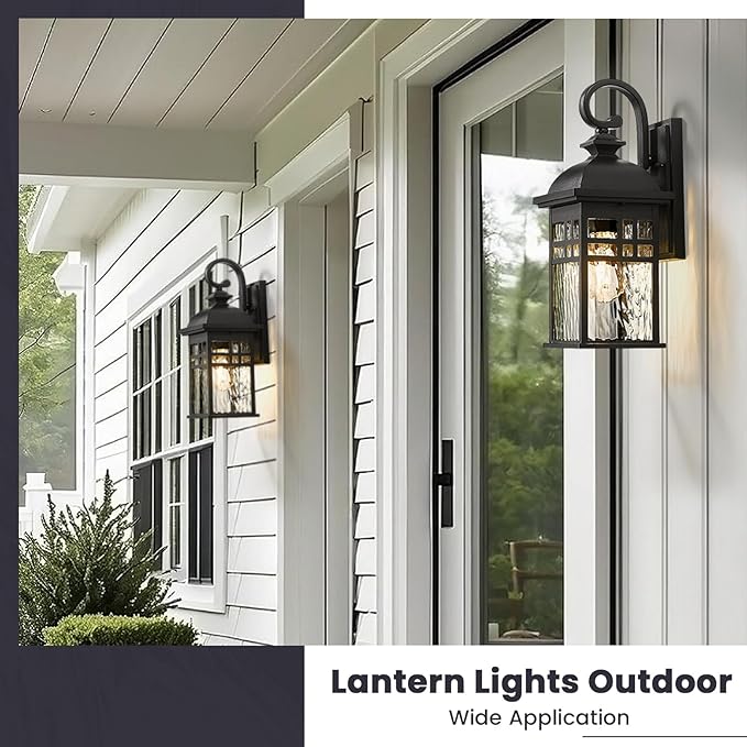 Outdoor Light Fixtures Black Aluminum Outside Wall Lantern with Water Ripple Glass Waterproof Wall Sconce Porch Lights for Patio Doorway 2-Pack E26 Socket