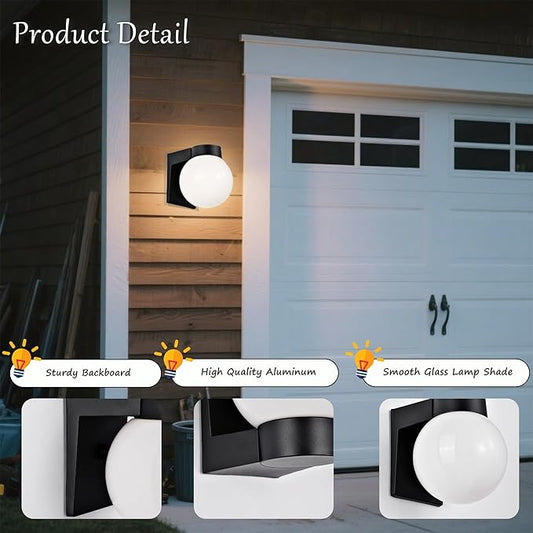 Alighting Outdoor Wall Sconce, Waterproof Exterior Lighting Fixture with Smooth Glass Globe and Black Aluminum Base, Wall Mount Porch Light for Front Door, Patio, Garage, Entryway, E26 Socket
