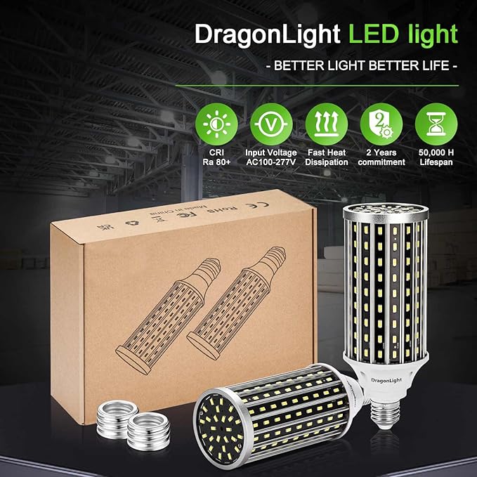 DragonLight 50W Super Bright LED Corn Light Bulbs (400 Watt Equivalent) - E26/E39 Base LED Lamp - 3000K Warm White 5,500 Lumens, Pack of 2