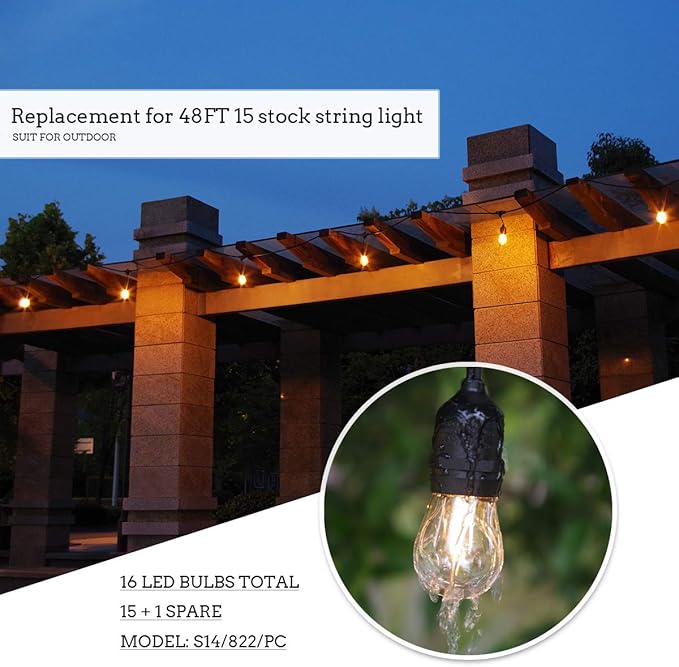 Jslinter S14 1W Outdoor String Lights Bulbs LED, Shatterproof & Waterproof, 2200K Warm White, 11W Equivalent, E26 Base, Edison Vintage Style Replacement for Patio Garden, 16-Pack