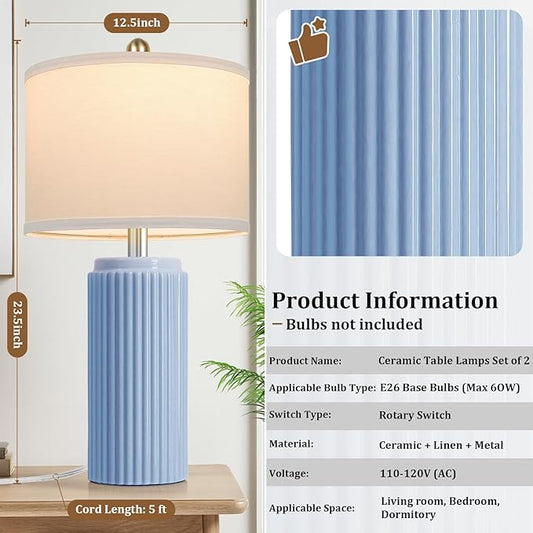 23.5’’ Sky Blue Farmhouse Table Lamps for Living Room Set of 2, Modern Elegant Ceramic Bedside Nightstand Lamps with White Linen Shade for Bedroom, Coastal Lamps Set for Study Home Office
