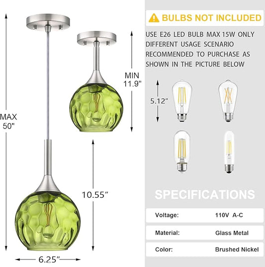 6.3" Dark Green Hammer Glass Pendant Light 3 Pack Pendant Ceiling Light Fixture Brushed Nickel Finish Modern Farmhouse Dinning Over Sink Adjustable Height Cord
