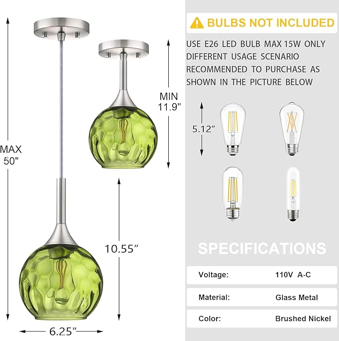 6.3" Dark Green Hammer Glass Pendant Light 3 Pack Pendant Ceiling Light Fixture Brushed Nickel Finish Modern Farmhouse Dinning Over Sink Adjustable Height Cord