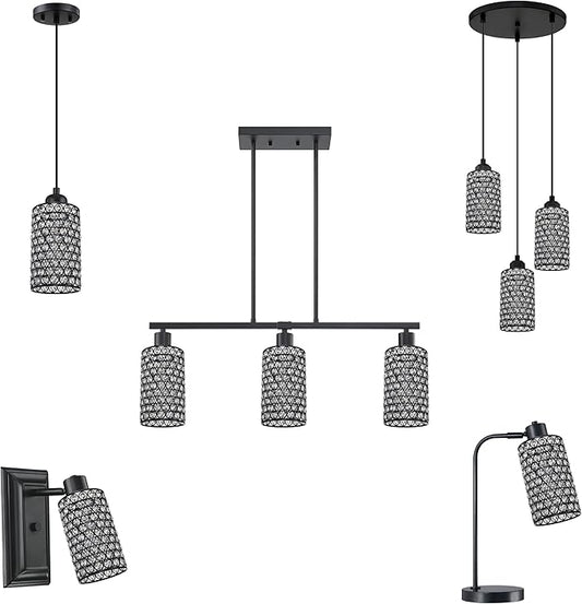 Doraimi Lighting 3 Pack Polyhedral Crystal Metal Pendant Ceiling Chandelier Wall Sconce Lamp Replacement Cover Shade Fixture Black Finish,1.66" Fitter Size,7.9" high*4.8" Diameter