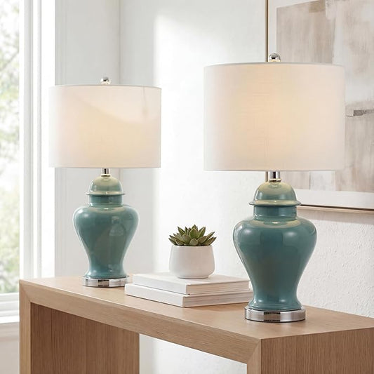 JONATHAN Y JYL6602A-SET2 22" Jade Green Classic Ceramic Table Lamp Set of 2 for Living Room, Traditional Ginger Jar Bedside Lamps for Bedroom Nightstand with White Linen Shade, LED Bulbs Included