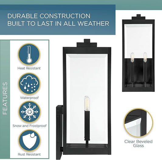 Quoizel Westover Modern Wall Sconce, 22.75 Inch Earth Black 2-Light Outdoor Light Fixture, Clear Beveled Glass Wall Lantern, 60 W, Industrial Design Wall Light for Porch, Patio, Gazebo or Yard