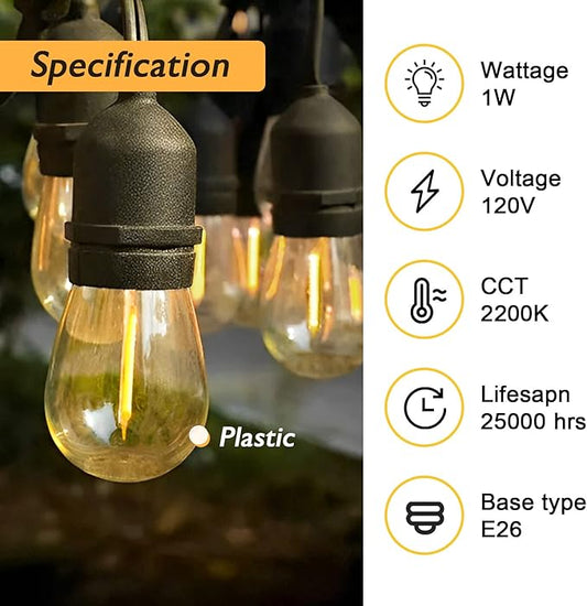 Jslinter 48-Pack LED 1W String Light Bulbs, S14 Plastic Shatterproof Edison Vintage Style Replacement 1 Watt Outdoor Light Bulbs 2200K, Waterproof, Warm White Equivalent to 11w, e26 Base