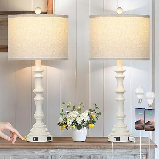 27.5" Tall Table Lamp for Living Room Set of 2, Vintage Farmhouse Table Lamps with USB C+A Ports, 3-Way Dimmable Touch Bedside Lamps, Tradition Bedroom Lamps for Nightstand Side End Table Desk, White