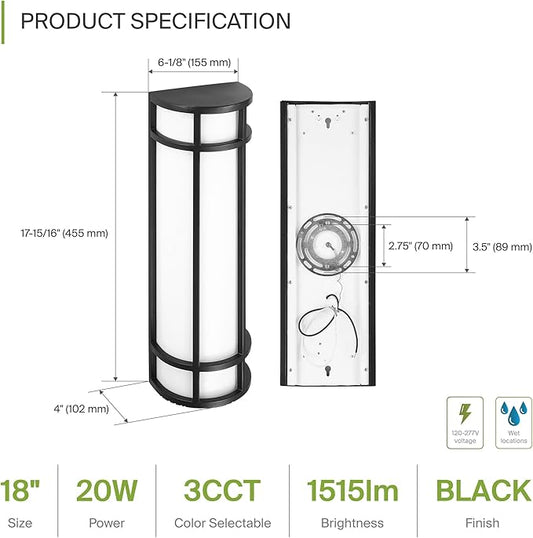 ASD LED 18" Half Cylinder Wall Light Fixture, Outdoor Patio Sconce | 3CCT, Stainless Steel, Waterproof, Energy Star, ETL Listed | 18W 1500LM 3000-5000K 100-277V | Exterior Lighting | Black
