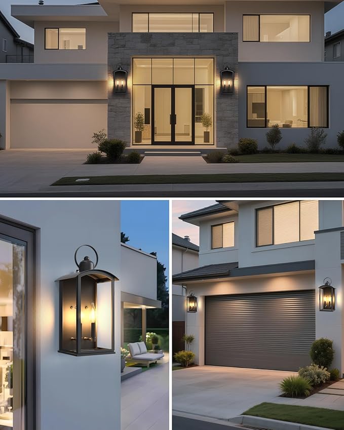 ππ.π-ππππ Outdoor Wall Light Fixtures, Dusk to Dawn Exterior Lanterns Waterproof, Large Porch Sconces Wall Mounted Lighting, Modern Matte Black Front Open Window Wall Lamps for Patio