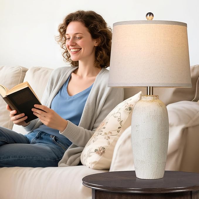 25“ Jar Table Lamps Set of 2, Ceramic Bedside Lamps for Bedroom, Beige Farmhouse Nightstand Lamps for Living Room