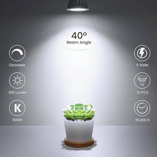 10 Pack Dimmable MR16 LED Bulbs, 12V 5W(50-Watt Equivalent), 5000K Daylight White, GU5.3 Bi-Pin Base, 40-Degree, Indoor/Outdoor Landscape Spotlight Track Recessed Lighting