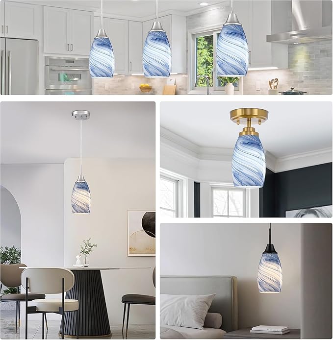Glass Pendant Lamp Shade 4.72" Dark Blue Marble Art Glass Chandeliers Shade Mini Oval Light Shade Replacement Lamp Shade Only Light Fixtures for Kitchen Island 1-Pack