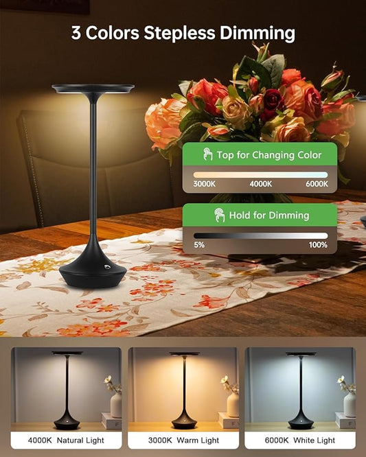 Rechargeable Cordless Table Lamps, Portable 4000mAh Battery Table Lights, 3 Color Stepless Dimming LED Wireless Desk Light with Memory Function for Outdoor/Dinner/Bar/Restaurant/Camping