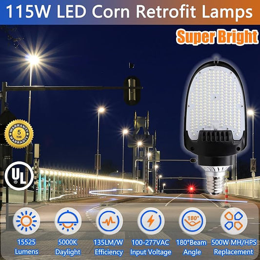 LED Shoebox Corn Retrofit Lamp, 75W/95W/115W Power Selectable, 5000K Shoebox Corn Bulb, Rotatable E39 Mogul Base, 500W MH Equivalent, LED Paddle Bulb for Parking Lot, Wall Pack, Flood Light Retrofit