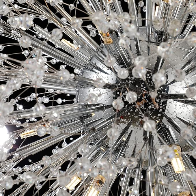 Large Fireworks Crystal Chandeliers, 24-Light Chrome Dandelion Pendant Chandelier, 120W Modern Sputnik Crystal Chandelier Lighting for Living Room Entryway