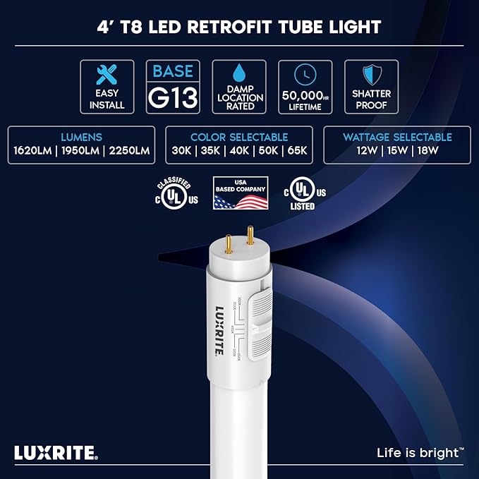 LUXRITE 4FT LED Tube Light, T8, 12W/15W/18W, 5CCT 3000K-6500K, 1620/1950/2250LM, 220°, Ballast Compatible or Bypass, Single/Double End, Fluorescent Replacement Damp Rated UL and DLC Listed (12 Pack)