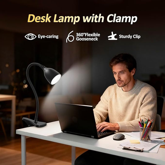 Desk Lamp for Home Office - Clip on Reading Light and Bed Headboard Clamp Lamp, Bedside Gooseneck Table Lamp, Clip on Desk Lamps, Eye-Caring Desk Lamp for College Dorm Room Study Lamp, Black