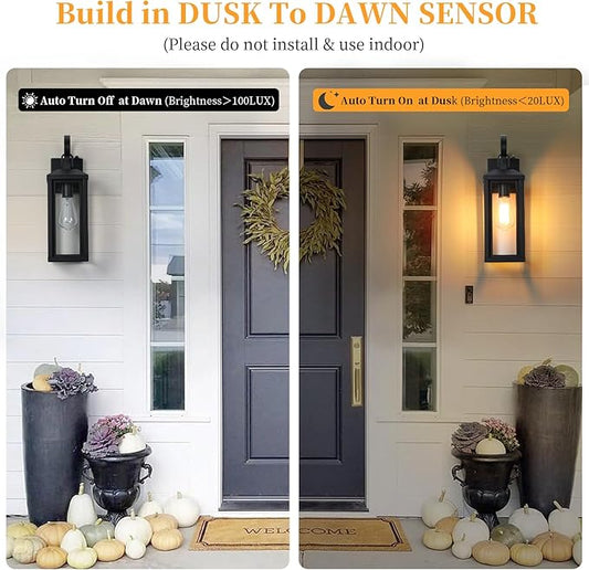 Dusk to Dawn Large Exterior Wall Lights 2-Pack, 17" Waterproof Outdoor Wall Porch Lights Sconces with Tempered Glass, Black Exterior Lighting Fixtures for Garage House, Bulb Not Included