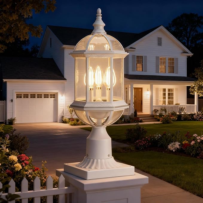 White Outdoor Post Light,19.21" 3-Light Lamp Post Light Fixture,Waterproof Anti-Rust Aluminum Pole Lights Outside Lantern for Garden,Yard,Patio,Pathway Lighting
