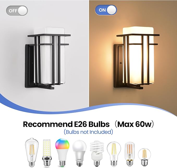 Outdoor Wall Sconce, Waterproof Exterior Lights Wall Mount, Anit-Rust Outdoor Wall Lantern with Rectangle White Glass, Modren Black Exterior Wall Light for Front Door, Patio, Garage, Entryway