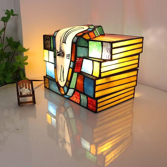 Bieye L12015 Melting Clock Draped Over a Stack of Books Tiffany Style Stained Glass Accent Table Lamp for Home Decoration