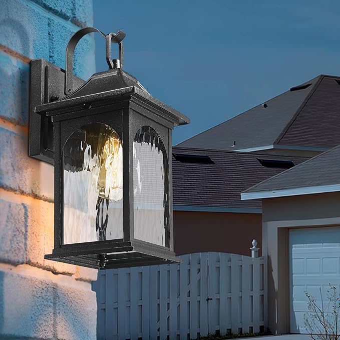 Porch Lights Outdoor Light Fixtures Wall Mount, 13.78 Inch Black Exterior Light Fixtures with Water Ripple Glass, Modern Outdoor sconces Wall Lighting Fixture for Patio House Garage
