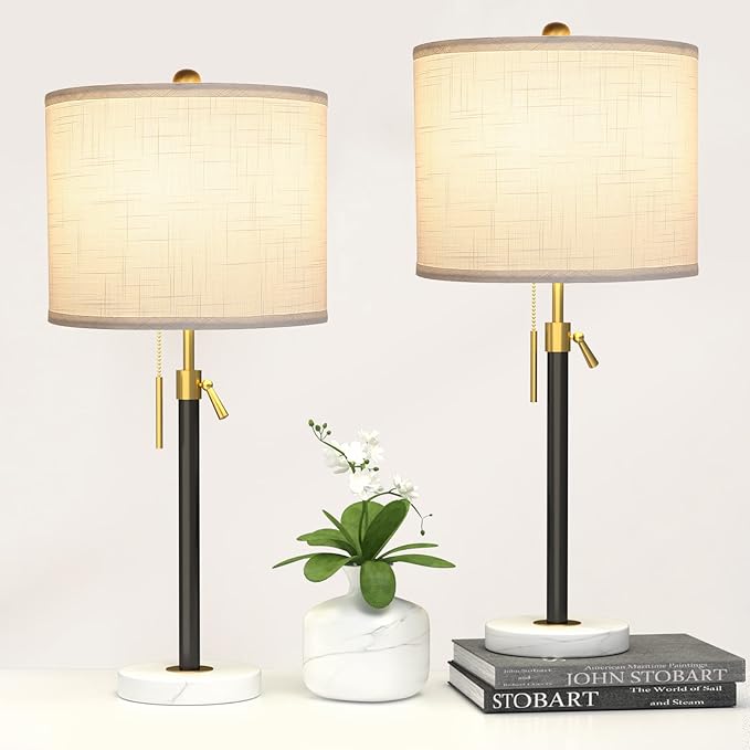 Table Lamps for Bedrooms Set of 2, 22" to 30" Height Adjustable Nightstand Lamps with Linen Shade, Pull Chain Switch Lamps for Living Room, 3 Way Dimmable Beside Lamp
