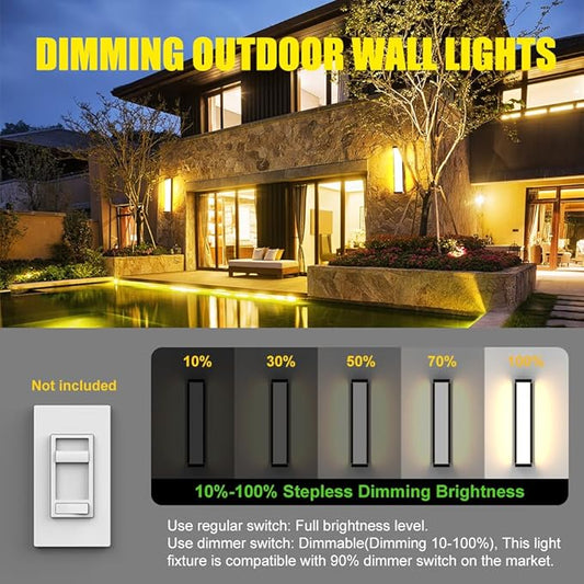 Sytmhoe 10%-100% Dimming Exterior Garage Lights,23.6in Dimmable LED Modern Patio Wall Light Fixture, Rectangle Black Aluminum+Dual PC Wall Sconce for Garage Bathroom Room Courtyard House(3000K)