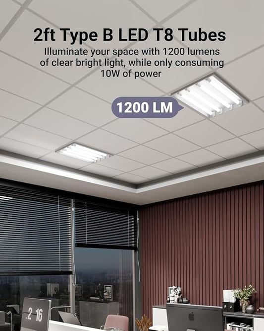 Sunco 50 Pack 2ft LED T8 Frosted Glass Tube for Replacement Fluorescent Commercial Work Office Hallway Warehouse, Type B, 10W 1200 Lumens, 5000K Daylight, Non-Dimmable, 100-277V, 50,000 Hour Lifetime