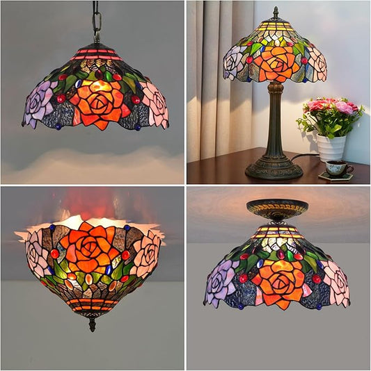 Tiffany Style Lamp Shade, 12 Inch Black Roses Stained Glass Lamp Shade Replacement Vintage Lamp Cover Accessories Fit for Table Lamp Pendant Light Ceiling Light