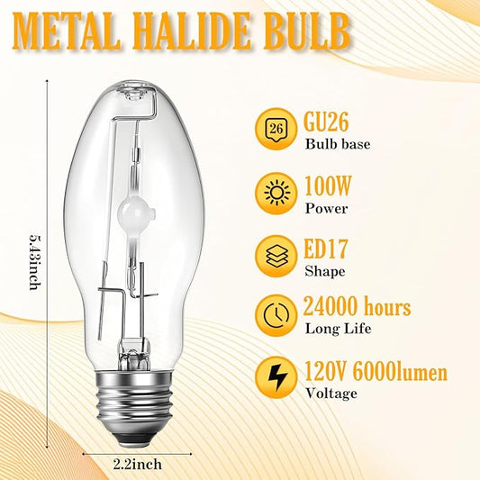 3 Pack Lighting Metal Halide Ed17 Bulb, Medium Base (e26), 24000 Hour Span Life, 6000 Lumen, 4000k, Clear Metal Halide Bulb(100 W)