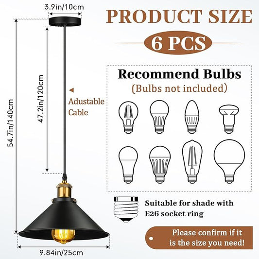 Retisee 6 Pieces Industrial Pendant Lights E26 E27 Base Black Farmhouse Lampshade for Hanging Light Vintage Metal Shade Fixtures Barn for Kitchen Dining Room Home Bar Foyer